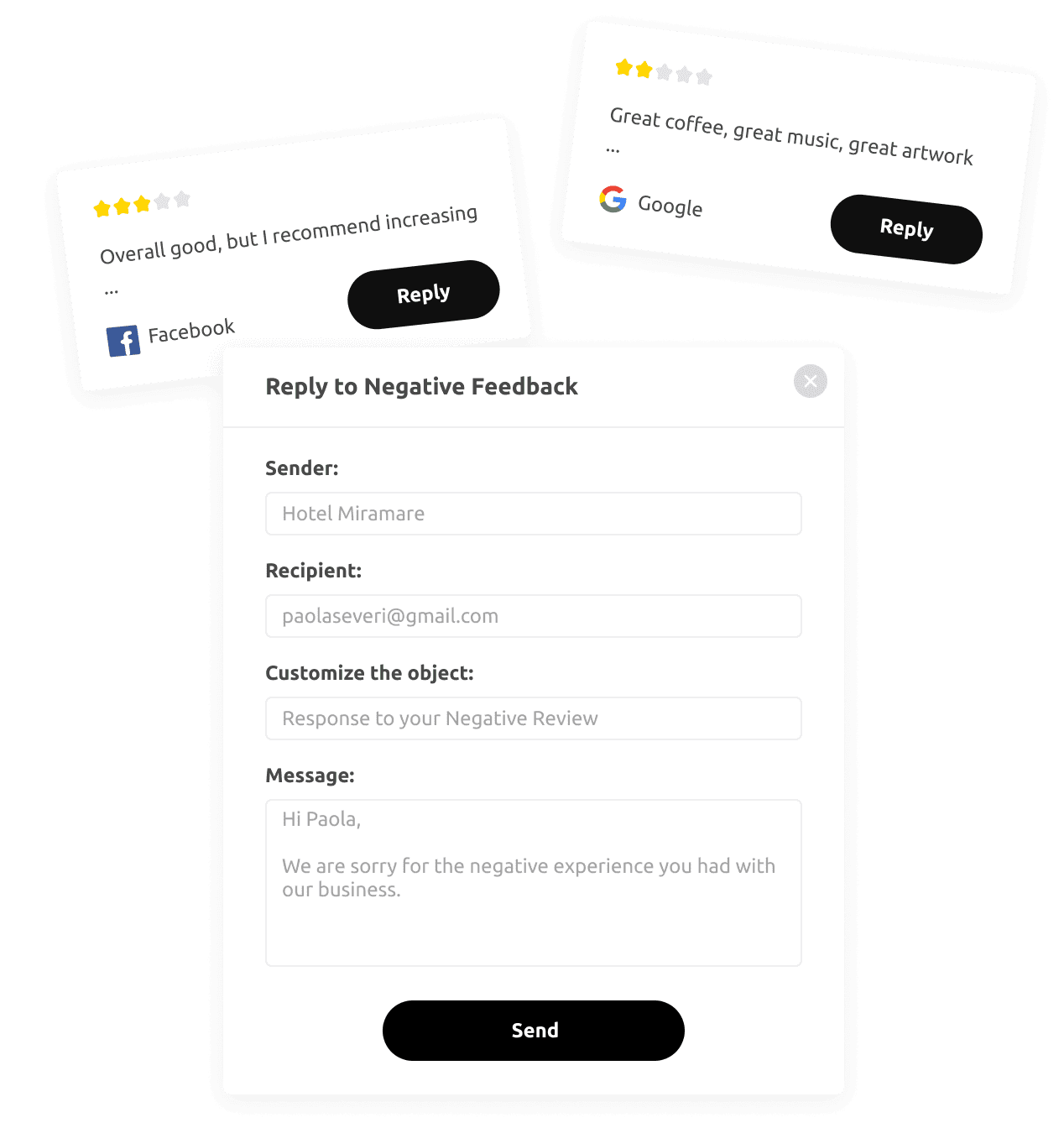 A set of cards designed for managing reputation and improving online feedback, including keywords related to reputation management software and Google review.