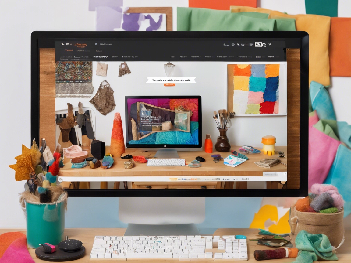 A computer monitor displays a colorful arts and crafts website. The desk is cluttered with various crafting materials, including fabrics, yarn, brushes, and scissors. The background features more fabric swatches and crafting supplies pinned on the wall.